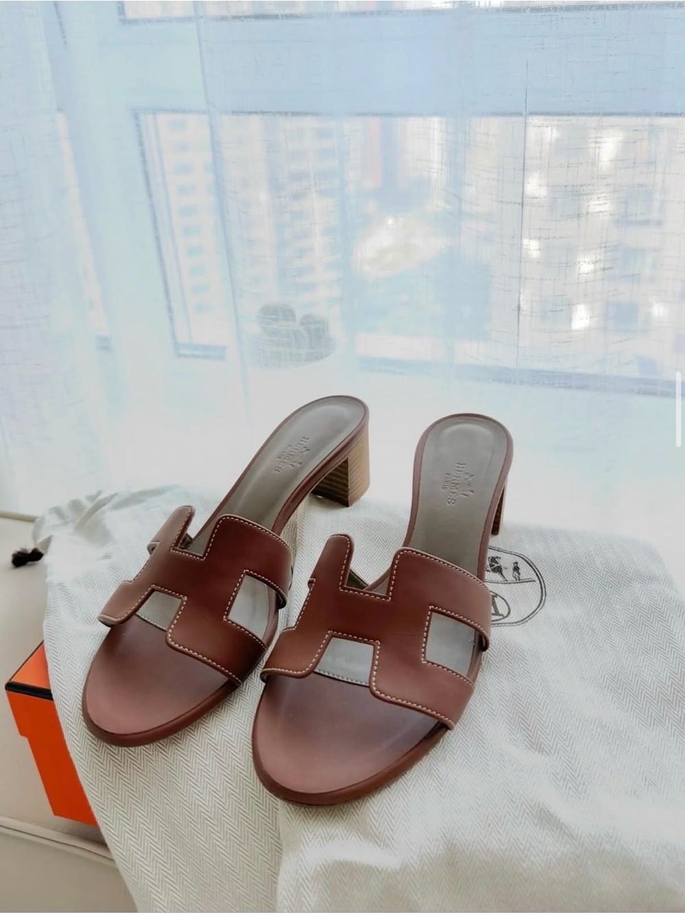 Hermes Brown Leather Slide Heels with Block Heel
